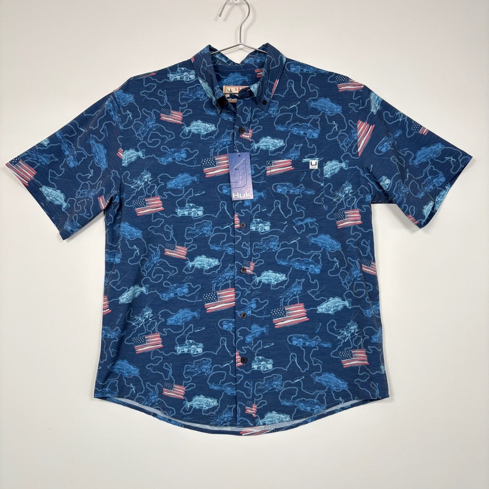 NWT Huk Mens Shirt M Blue Kona Fish and Flags American Flag Fishing Button Down